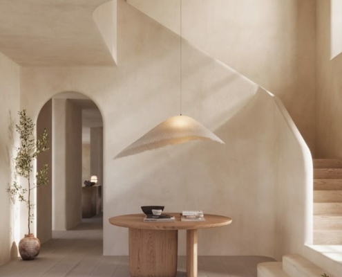 curved stone staircase and archway