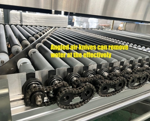 Angled air knives for edge drying on the Techwin TWQX-1200K-3 horizontal glass washing machine