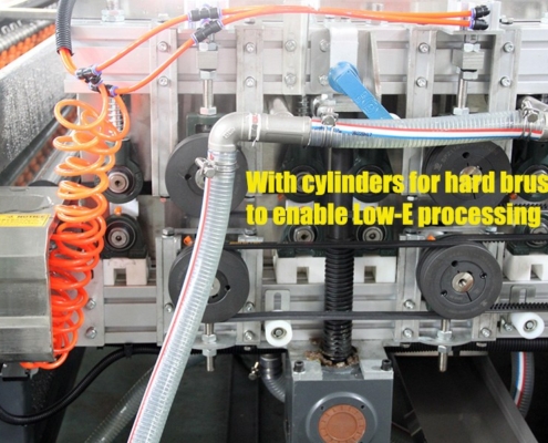 Cylinders that lift the hard brushes for Low-E glass on the Techwin TWQX-1200K-3 horizontal glass washing machine